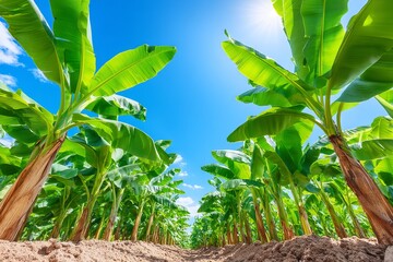 Obraz premium Lush Banana Plantation Under Sunny Sky - Vibrant green banana trees thrive under a bright blue sky in a lush plantation. Sunlight illuminates the leaves