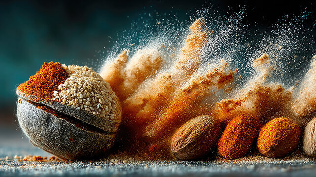 Explosion of spices bursts forth from a broken vessel, a culinary spectacle