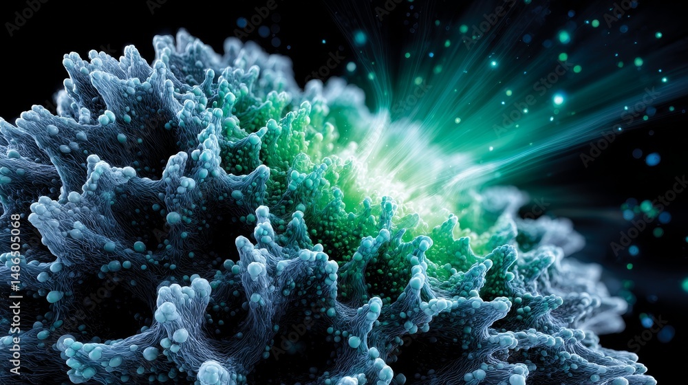 Poster microscopic cellular structure - close-up abstract of a vibrant, bioluminescent cellular structure, 