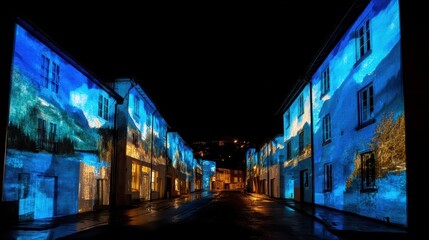 Fototapeta premium Nighttime projections illuminate a historic urban street.