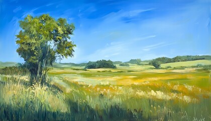 Naklejka premium Green Field and Blue Sky, Whispers of the Meadow: A Summer's Serenity