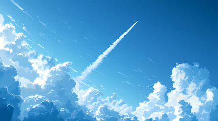 Obraz premium Clear blue sky with a single jet stream streaking across, symbolizing travel and adventure. [Whispering Machines] | Binary Mist | vapor stream. Illustration