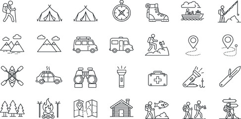 Camping Line Editable Icons set. Vector illustration in modern thin line style of outdoor activities related icons: hiking, fishing, mountain biking, and more.