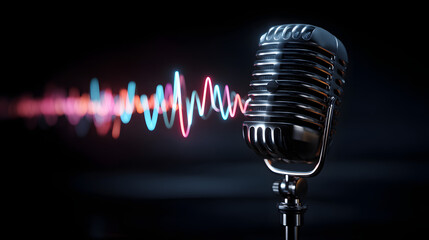 microphone on dark background with tone symbol moving with waves