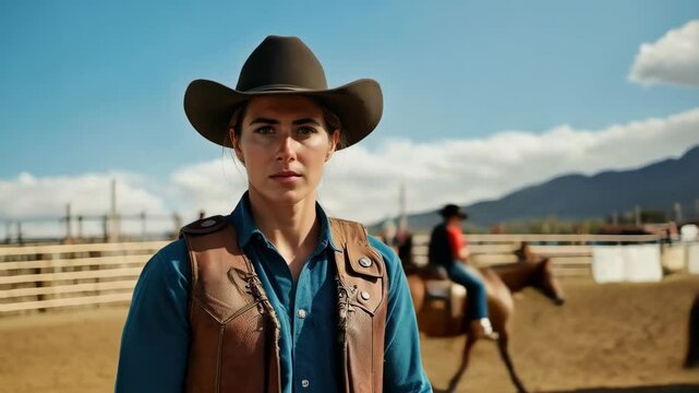 Strong brown hair cowgirl in vintage cowboy hat focuses before the rodeo competition in a bustling outdoor arena