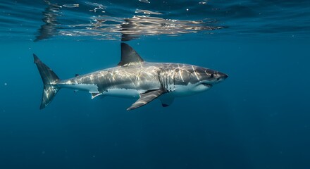 Fototapeta premium A majestic Great White Shark (Carcharodon carcharias) cruises powerfully and effortlessly through the clear, deep blue ocean, positioned just beneath the shimmering water surface.