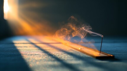An incense stick is burning with smoke, emitting a relaxing aroma with sunlight