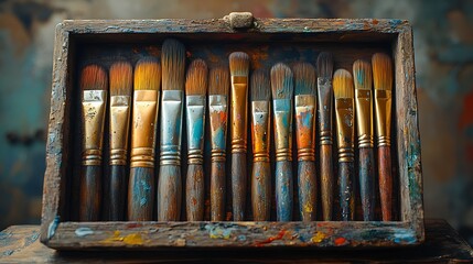 Naklejka premium Rustic Wooden Paintbrush Set With Colorful Bristles High Resolution Photo