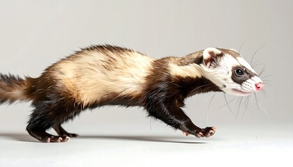 Ferret Running Sideways With Brown And White Fur Against Gray Background