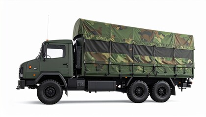 Side View Mockup of a Camouflage Military Transport Truck on White Background