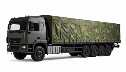 Side View Mockup of a Camouflage Military Transport Truck on White Background
