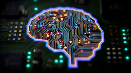 Brain representing artificial intelligence with printed circuit board. light neon hologram style