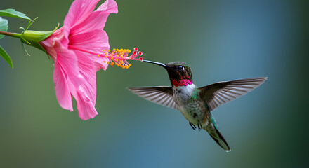 Naklejka premium Hummingbird Feeding from Pink Hibiscus Flower Close Up Wildlife Photography