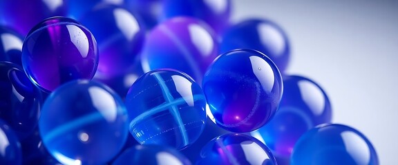 bunch of blue and purple balloons are in the air