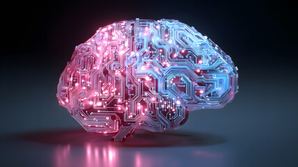 Brain representing artificial intelligence with printed circuit board. light neon hologram style