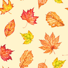 Seamless pattern with autumn leaves motifs painted in watercolor. Watercolor autumn leaves in a seamless illustration. Idea for festive decoration and creating prints.