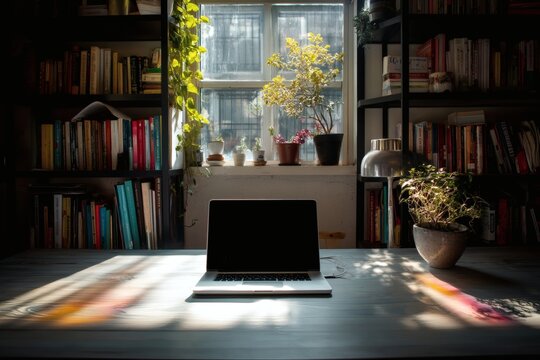 A cozy workspace featuring a laptop amidst books and natural light, creating an inviting atmosphere
