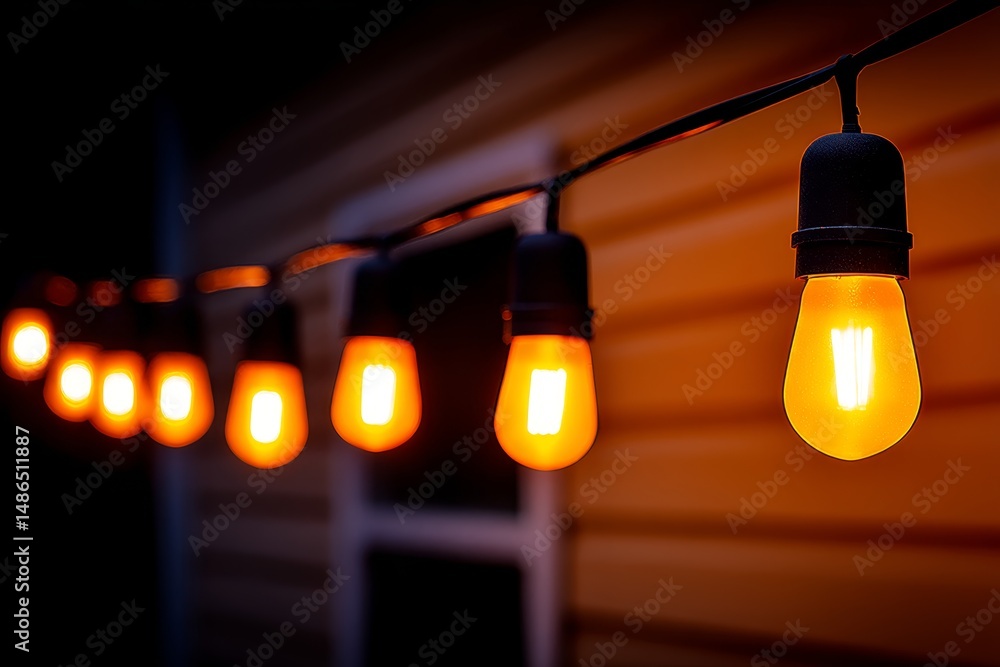 Aufkleber warm evening string lights - glowing string lights illuminate a dark backyard, creating a cozy and i
