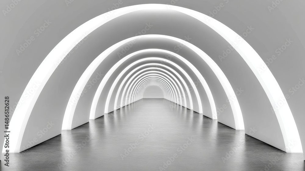 Poster abstract white archway corridor - modern minimalist architecture, a long corridor with repeating whi