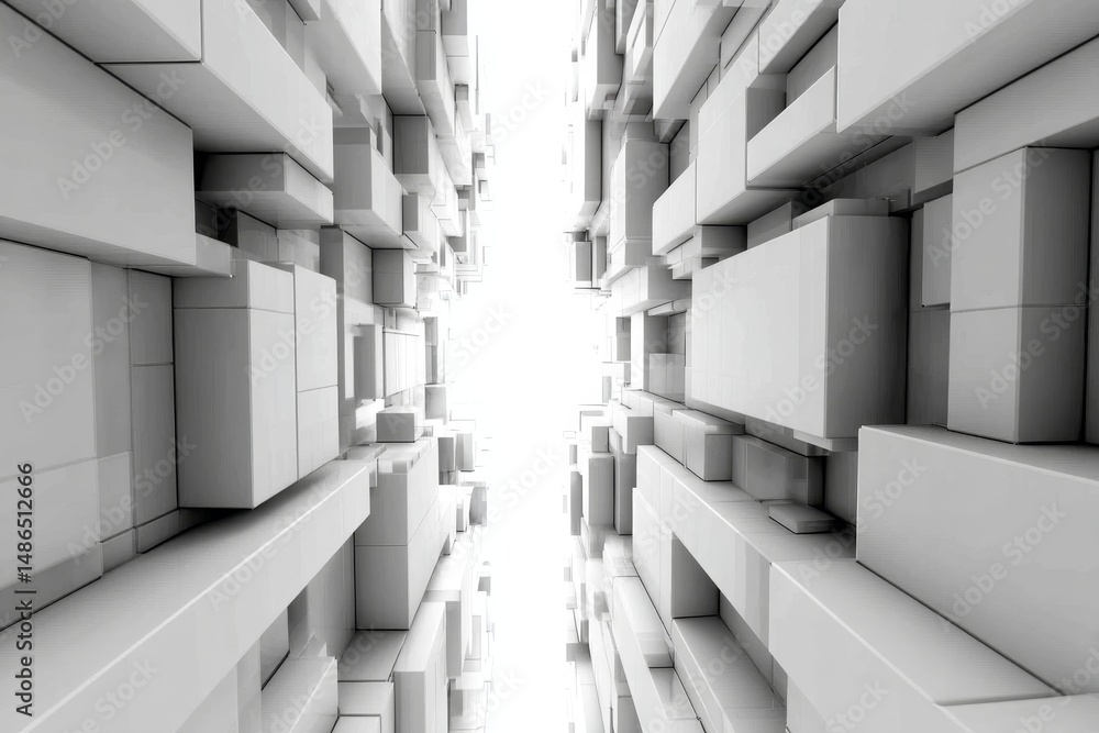 Poster abstract white geometric corridor - a digitally depicting a corridor composed of white geometric sha