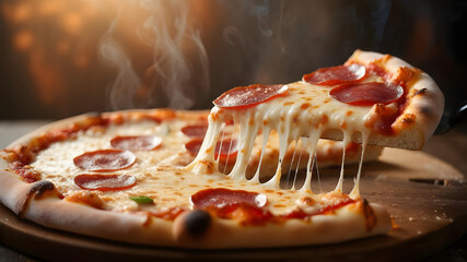 Delicious pepperoni pizza with melted cheese and steam on a wooden surface