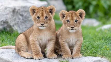 Adorable Lion Cubs Posing Together - Two cute lion cubs sitting side by side on rocks, looking directly at the camera. Perfect for wildlife, animal, and nature themes