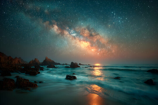 Milky Way Galaxy over Ocean Waves at Sunset Long Exposure Photography - Powered by Adobe