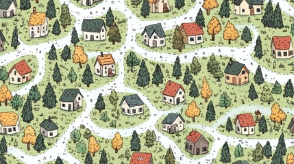 Obraz premium Charming Village Map Illustration: Hand-Drawn Houses and Winding Roads in a Lush Green Forest Setting