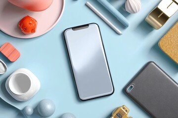 A mobile phone is centered among various items, all arranged on a blue surface. The objects are colorful and aesthetically pleasing, creating a sense of modern design and lifestyle.