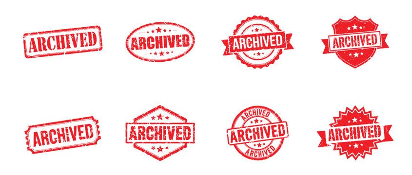 set of red archived stamp, vintage grunge imprints for record retention and historical documentation
