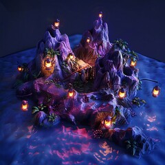 A mystical island at night, with purple and blue rocks, glowing lanterns, and calm water, evoking a sense of tranquility and wonder.