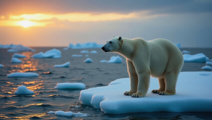 Polar bear standing on ice at sunset in Arctic waters