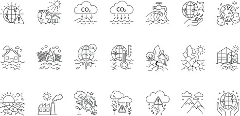 Climate Change Editable Icons set. Vector illustration in modern thin line style of ecology related icons: global warming, drought, melting ice, and more.