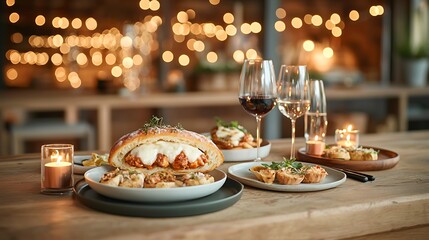 Festive Italian-style sandwich served on a wooden table with drinks and appetizers
