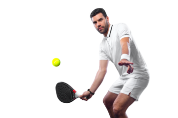 Padel player. Open social tour template. Padel tennis player on the sky background outdoors. Paddle tenis template for bookmaker design ads with copy space.