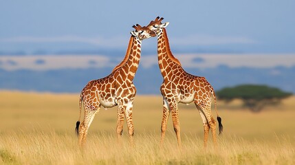 Two giraffes stand closely together, nuzzling affectionately under the warm African sun, in the serene savanna.