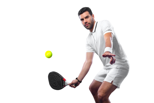Padel player. Open social tour template. Padel tennis player on the sky background outdoors. Paddle tenis template for bookmaker design ads with copy space.