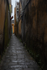 A very narrow and curved street with shabby yellow walls. There are no people on the street. There are damp and humid, quiet and peaceful.