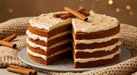 Layered Gingerbread Spice Cake with Creamy Frosting and Cinnamon Sticks - Cozy Holiday Dessert