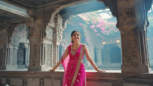 A beautiful woman in traditional attire poses gracefully in a historic architectural setting, radiating elegance and cultural richness