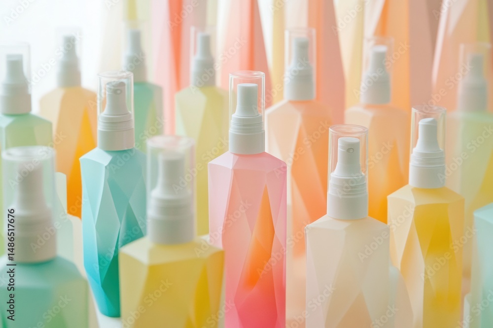 Poster geometric skincare bottles arranged in a modern display featuring pastel colors and clean lines for 