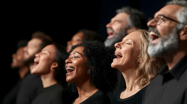 A choir of diverse people singing with open mouths against a dark background.
