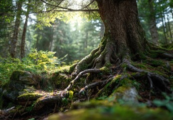 Majestic tree with sprawling roots in a serene forest.