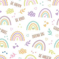 Cute hand-drawn pastel boho rainbow nursery seamless pattern background wallpaper. kids cartoon playful doodle digital paper backdrop