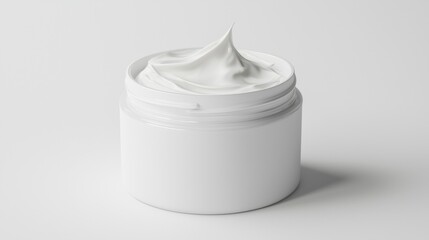 Creamy skincare product in a white container with a smooth texture displayed against a minimalist background