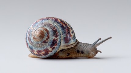 Colorful snail with detailed shell pattern on smooth surface.