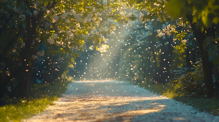 Obraz premium A peaceful park trail lined with blossoming cherry trees, with petals gently falling onto the path