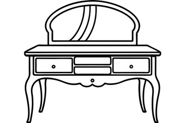 Outline Drawing of Antique Vanity Table with Mirror and Drawers, Isolated Presentation