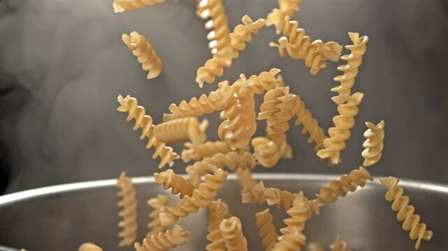 dry fusilli pasta falling into boiling water in a pan, slow motion
