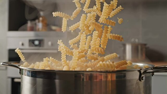 dry fusilli pasta falling into boiling water in a pan, slow motion
